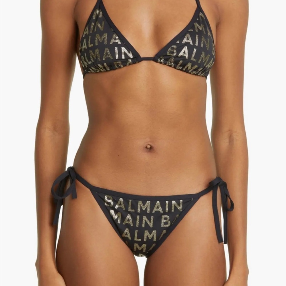 Authentic Balmain Black and Gold Triangle Bikini Set